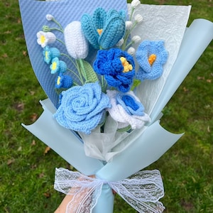 Crochet Flowers Bouquet Handmade, Tulip, Home Decor, Finished Product, Gift For Her, Birthday, Friend, Girlfriend, Mom, Grandma, Graduation Large blue Thai rose