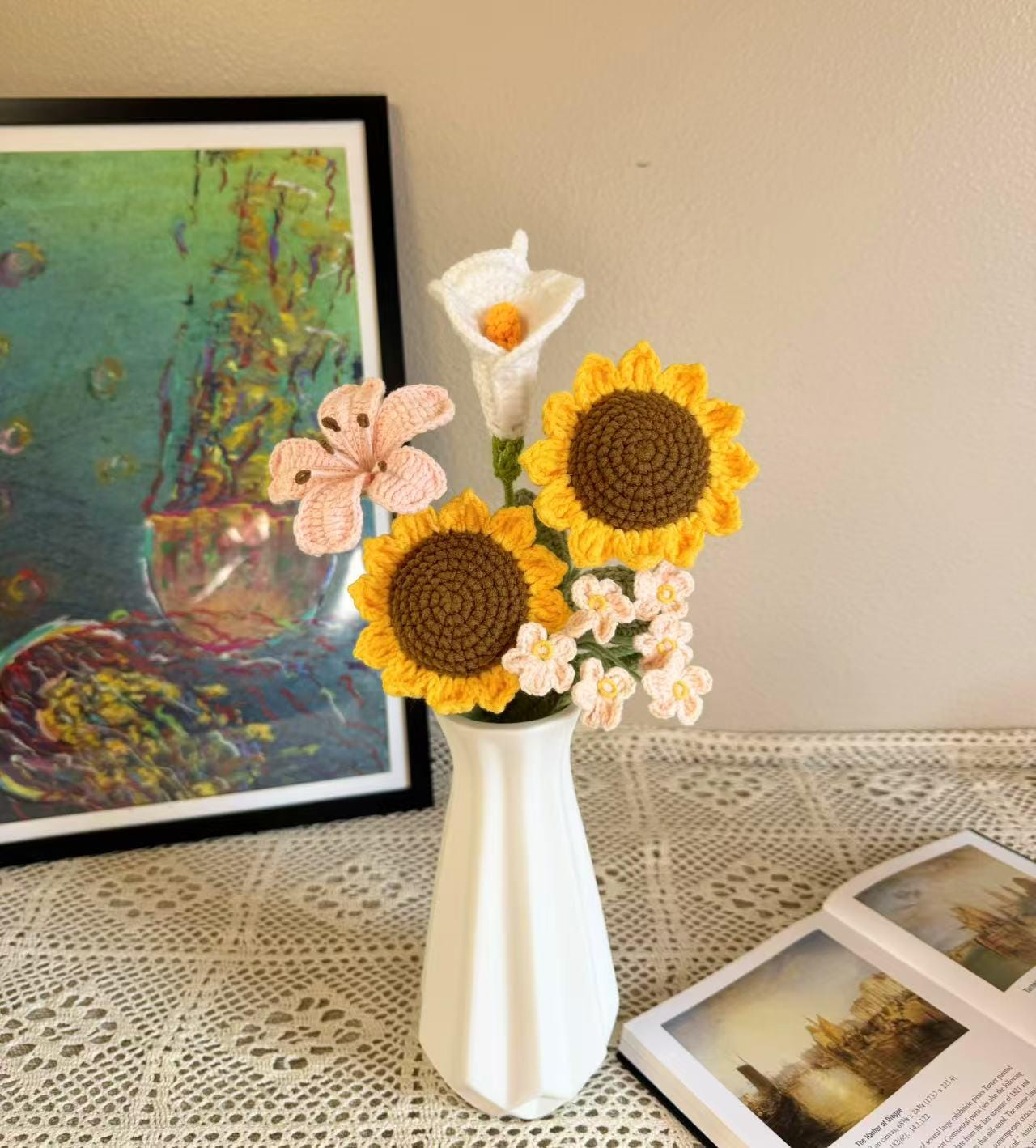 手作りかぎ針編みの花瓶、編み物のひまわりのバラの花束ポット、誕生日