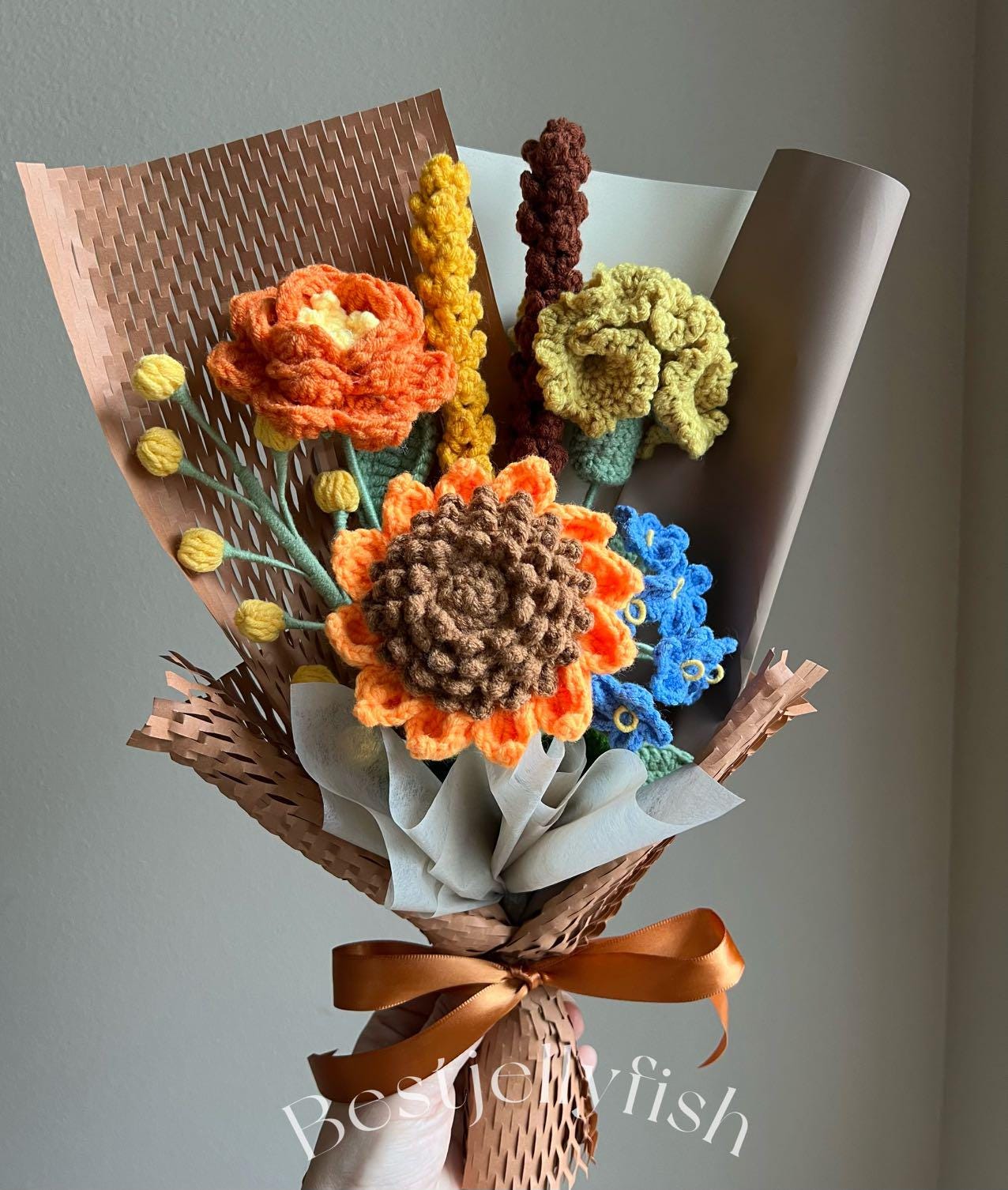 Omldggr Completed Crochet Flower Bouquet - Handmade Knitted Sunflower, Rose, Daisy With Eucalyptus, Forever Bouquet Gift - View #6