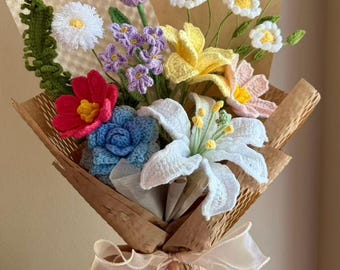 Handmade Crochet flower Bouquet: Knitted Colorful Flowers, Pastel Floral Gift