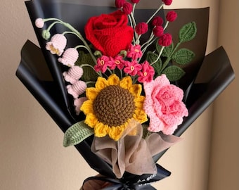 Mother's Day Crochet red pink rose bouquet, Knitted Birthday
