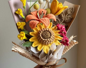 Crochet Sunflower Bouquet: Handmade Birthday gifts for her, Sister, Girlfriend, Wife, Anniversary, Fall decor