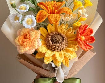 Crochet Flowers Bouquet, Knitted Sunflower, Handmade Birthday Gift for Her, Orange Colorful Floral arrangement, Ready-to-gift
