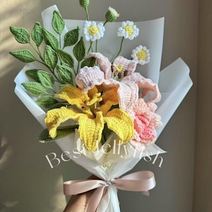 Crochet Flowers Bouquet, Handmade Gift, stargazer lily,  Finished Product, Birthday, Girlfriend, Mom, Grandma, Graduation, Gift For Her