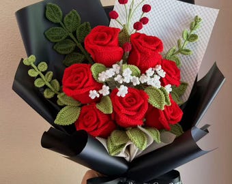 Crochet Rose Bouquet: Handmade Everlasting Floral Gift for Valentines Day, Birthday gift for her, girlfriend