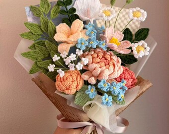 Crochet Flower Bouquet: Handmade Dahlia & Tulip Rose - Everlasting Gift for her, Wedding, birthday,  Mother's Day, Wife, Anniversary
