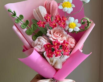 Crochet Flower Bouquet: Handmade hot pink Rose & Tulip - Everlasting Gift for her, birthday, girlfriend, wife, grandma