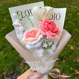 30 Sets Crochet Flower Bouquets With Cards & Bags - Handmade Knitted Artificial Flowers For Gifts, Mom, Grandma
