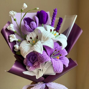 Muttertag häkeln Blumenstrauß handgemacht, lila, Lilie, Gänseblümchen, Wohnkultur, fertiges Produkt, Geschenk für sie, Geburtstag, Freundin