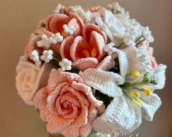 Handmade Crochet Wedding Bouquet - Blush Pink Rose & White Lily Bridal Bouquet, Forever Tulip Flower Keepsake