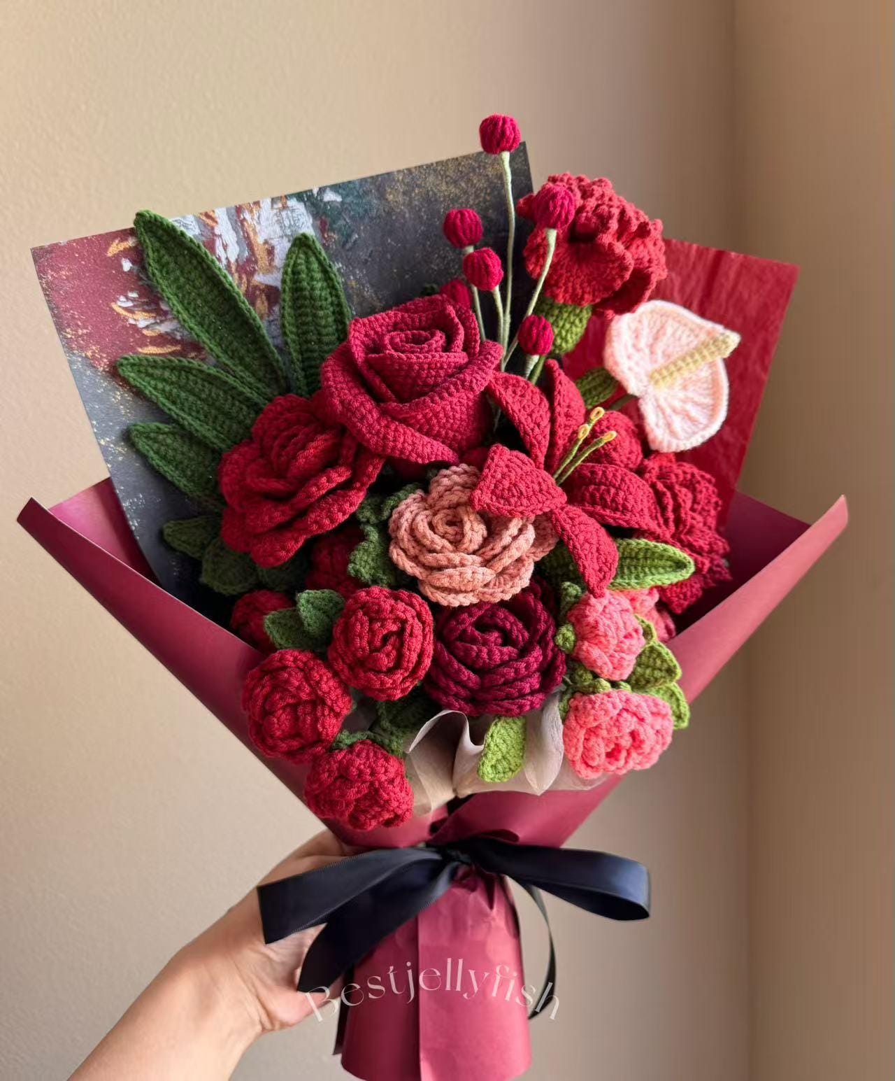 Crochet Red Pink Rose Bouquet, Mother's Day Handmade Flower Gift