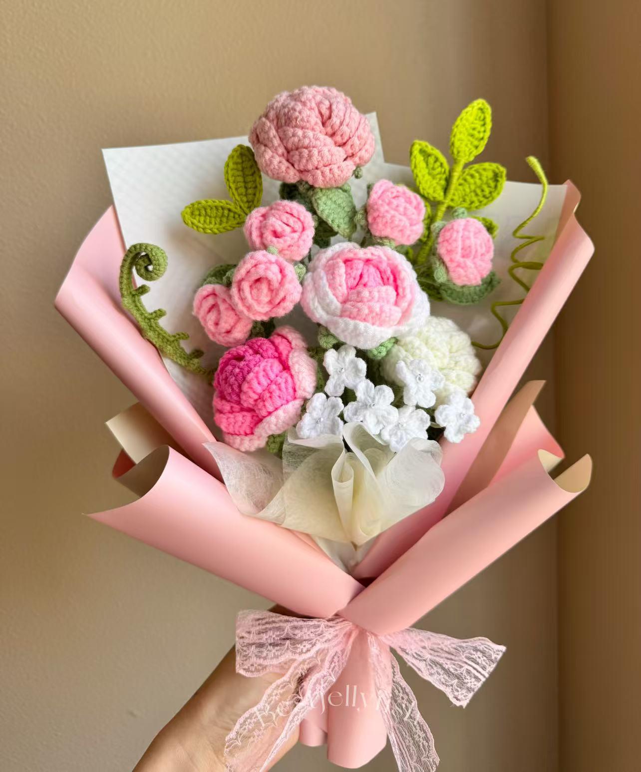 Crochet Valentine's Red Pink Rose Bouquet, Knitted Peony Lily