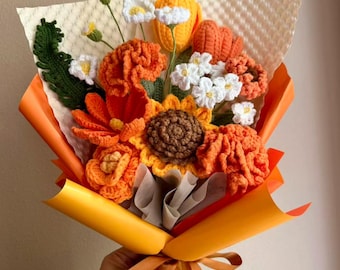 Crochet Flower Bouquet: Handmade Marigold Cosmo Sunflower Gift for her, Orange Red Color Flower Arrangement