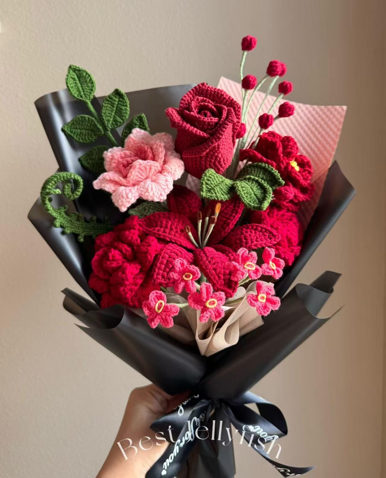 Crochet Valentine's Red Pink Rose Bouquet, Knitted Peony Lily