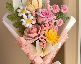 Crochet Flower Bouquet: Handmade Sunflower, Wild flowers, Tulip & Lily Arrangement, Birthday gift for her