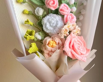 ❤購入時32万円❤作家物パンフラワーモチーフ四季の花束オリジナルデザイン❤超美品 手作りかぎ針編みの花束：編み物の牡丹、バラ、チューリップの花の