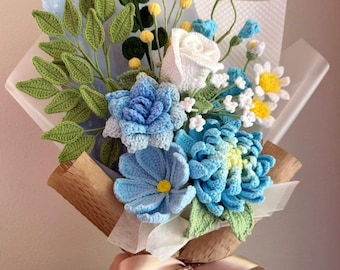 Crochet Flower Bouquet: Handmade Dahlia & Tulip Rose - Everlasting Gift for her, Wedding, birthday,  Mother's Day, Wife, Anniversary