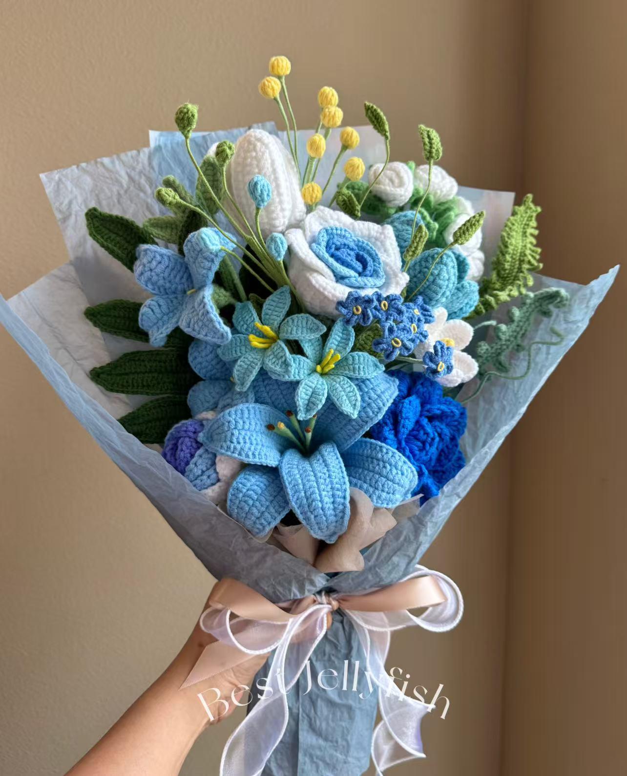 Handmade Crochet Flower Bouquet: Blue Rose, Daisy, Tulip, Snow