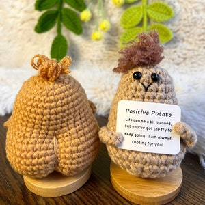 May include: Two crocheted potato plushies, one with brown hair and a sign that reads "Positive Potato Life can be a bit mashed, but you've got the fry to keep going! I am always rooting for you!" and the other with orange hair, both standing on wooden bases.