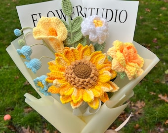 Crochet Flowers Bouquet Handmade, Sunflower, Home Decor, Finished Product, Tulip, lily for Mother, Anniversary, Birthday, Girlfriend ,Friend