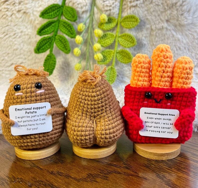 Handmade Crochet mini Caring vegie,Emotional Support sunflower, potato, Positive Affirmation gift for Family/Friends,coworker,Mothers Day 2ps hot potato+fries