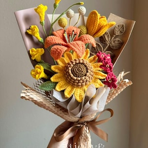 Ramo de flores de crochet, girasol, regalo del día de la madre, regalo hecho a mano, producto terminado, cumpleaños, mamá, abuela, esposa, regalo para ella