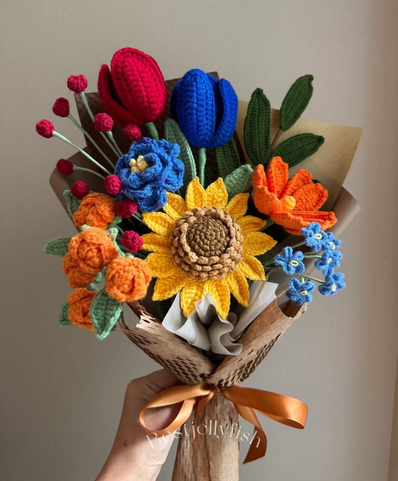 Crochet Sunflower Bouquet, knitted flower rose tulip daisy, Fall
