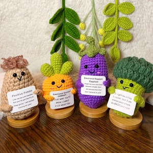 Handmade Crochet mini Caring vegie,Emotional Support sunflower, potato, Positive Affirmation gift for Family/Friends,coworker,Mothers Day 4ps Kind veggies