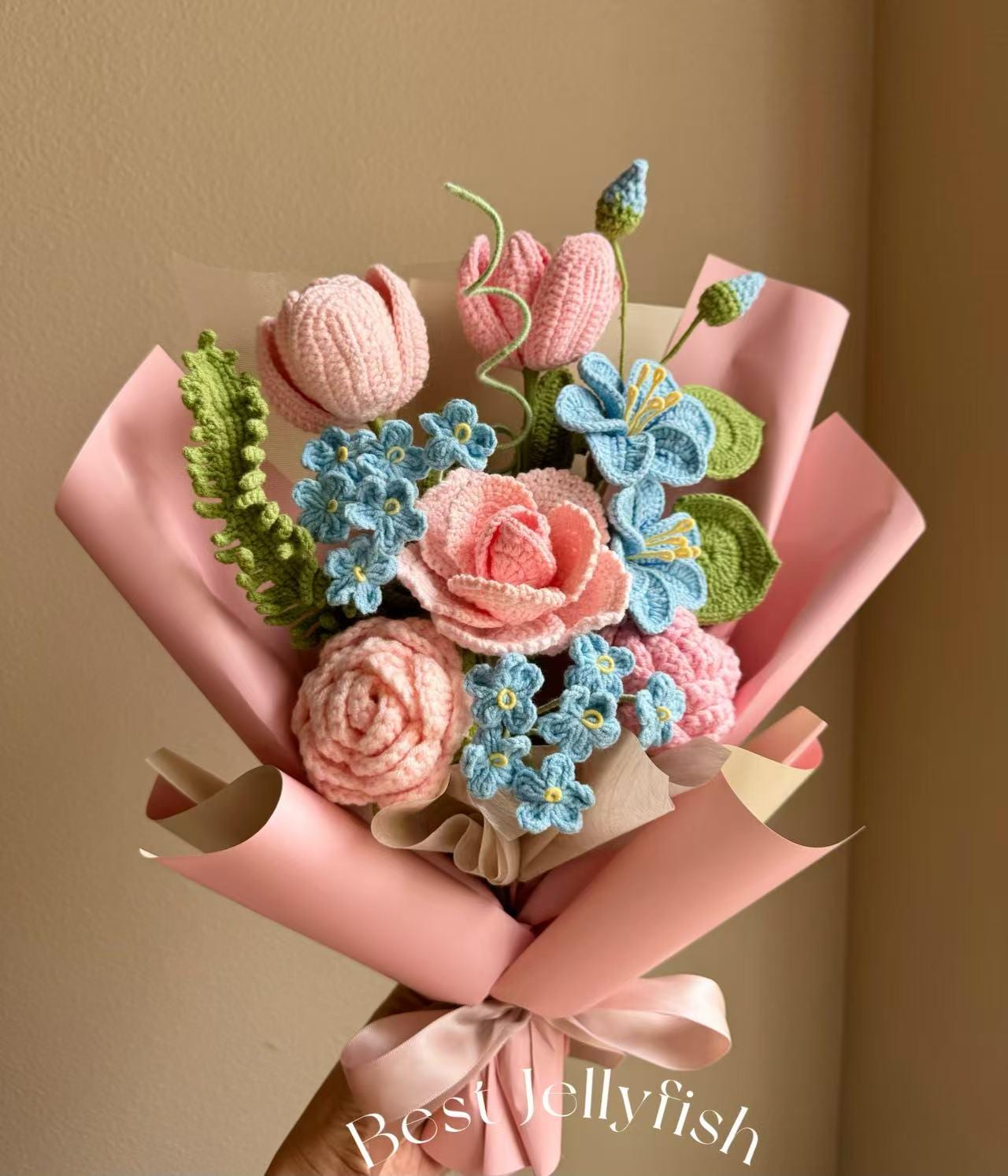 LuckyBundle Hand-Crochet Tulip Bouquet - 3 Tulips With Eucalyptus & Baby's Breath, Hypoallergenic Gift Set - View #6