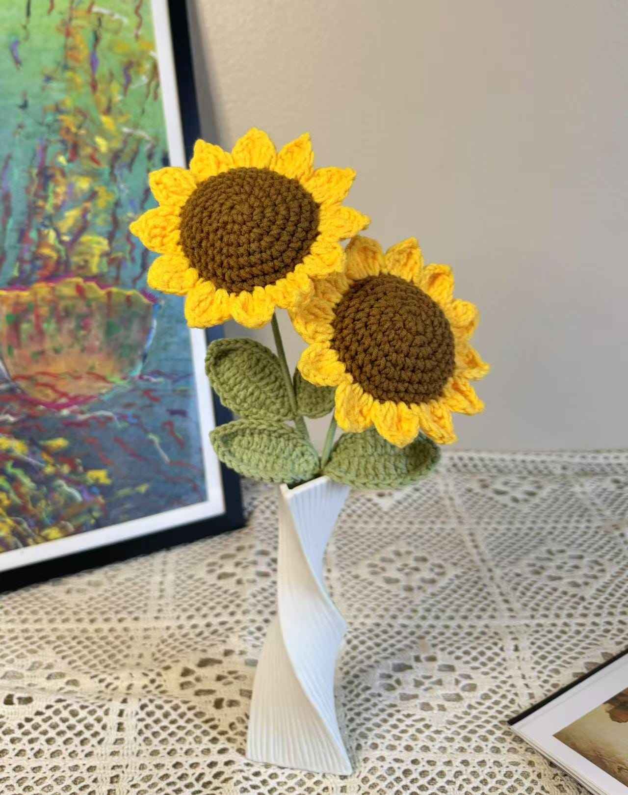 手作りかぎ針編みの花瓶、編み物のひまわりデイジーブーケポット、誕生