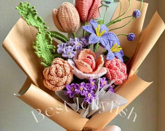 Ramo de flores de crochet hecho a mano: arreglo de tulipanes y rosas, regalo para ella, cumpleaños, novia, esposa, mamá