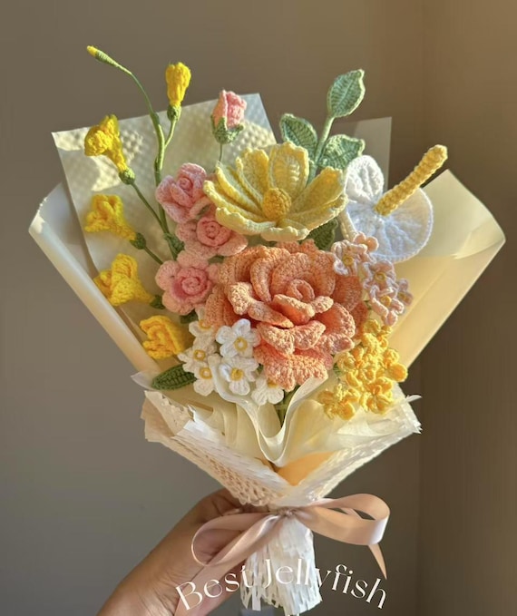 Handmade Pink & Yellow Crochet Flower Bouquet - Women Accessories handicroft handmade crochet pink & yellow flower bouquet  main image 4