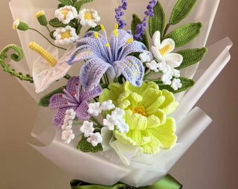 Crochet Flower Bouquet: Handmade Purple Green Floral arrangement - Everlasting Gift for her, birthday, girlfriend, wife, grandma