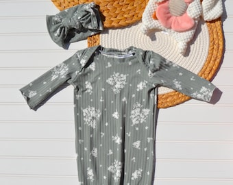 Newborn Baby Gown Headband Set Knotted Gown Girl Going home set Baby Shower Gift Hospital Photo Receiving Girl Gift Set Blooming Sage Set