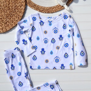 Evil Eye Charm Bamboo Kids Pajamas Toddler Pajamas Bamboo Kids Pajama Set Bamboo Kids 2 Piece Pajama Set Neutral Birthday Gift Kids Birthday
