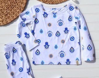 Evil Eye Charm Bamboo Kids Pajamas Toddler Pajamas Bamboo Kids Pajama Set Bamboo Kids 2 Piece Pajama Set Neutral Birthday Gift Kids Birthday