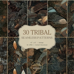May include: A selection of 30 tribal seamless patterns in various designs. The patterns use brown, black, and gold hues with detailed line art and organic forms. The image includes the text "30 Tribal Seamless Patterns".