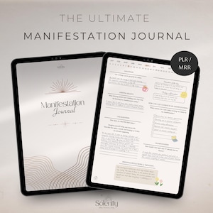 Peut inclure: Une tablette numérique affichant un journal de manifestation rose et blanc avec un calendrier, des affirmations et des invites à la réflexion personnelle. Le journal est intitulé "The Ultimate Manifestation Journal".