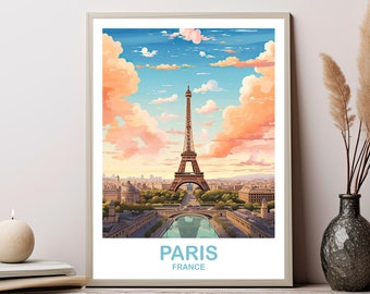 Arte da parete di viaggio a Parigi, Skyline di Parigi, Arte da parete di Parigi, Poster di Parigi Francia, Arte da parete della Torre Eiffel, Arte da parete al tramonto sullo skyline della città / T2EU_FRPA1