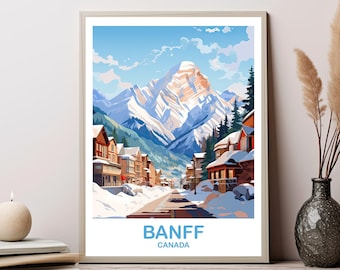 Puede incluir: Una ilustración colorida de una escena de montaña nevada con un pueblo en primer plano. El texto "BANFF CANADA" está en la parte inferior de la imagen.