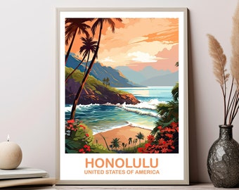 Honolulu Travel Wall Art, Hawaii Travel Wall Art, Honolulu Wall Art Poster, City Skyline Wall Art, USA Travel Wall Art | T2NA_HAHO1