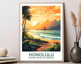 Honolulu Travel Wall Art, Hawaii Travel Wall Art, Honolulu Wall Art Poster, City Skyline Wall Art, USA Travel Wall Art | T2NA_HAHO2