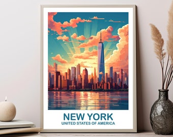 New York Travel Print, Manhattan Skyline, New York Wall Art, Big Apple Poster, Bright and Vibrant Wall Art | T2NA_NYNY1