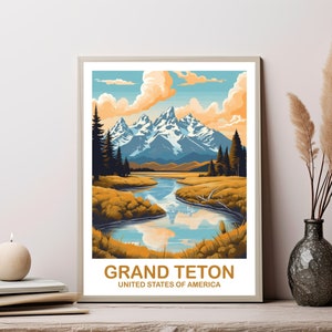 Grand Teton Reise-Druck, Wyoming Reise-Wandkunst, Nationalpark-Poster, Grand Teton National Park Reisekunst, Reise-Kunstdruck | T2NA_WYGT1