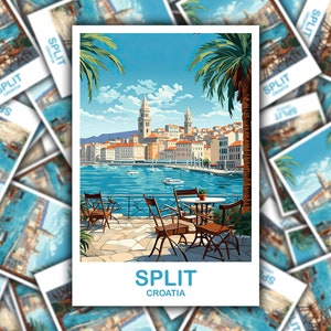 May include: A vintage-style postcard featuring a colorful illustration of Split, Croatia. The postcard shows a view of the city's waterfront with boats, palm trees, and a cafe with tables and chairs. The text "SPLIT CROATIA" is printed at the bottom of the postcard.