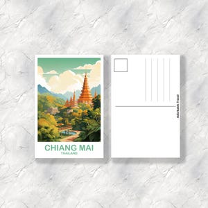 May include: A postcard featuring a watercolor illustration of Chiang Mai, Thailand. The image depicts a temple with a tall, orange spire surrounded by lush greenery and mountains. The text "CHIANG MAI THAILAND" is printed at the bottom.
