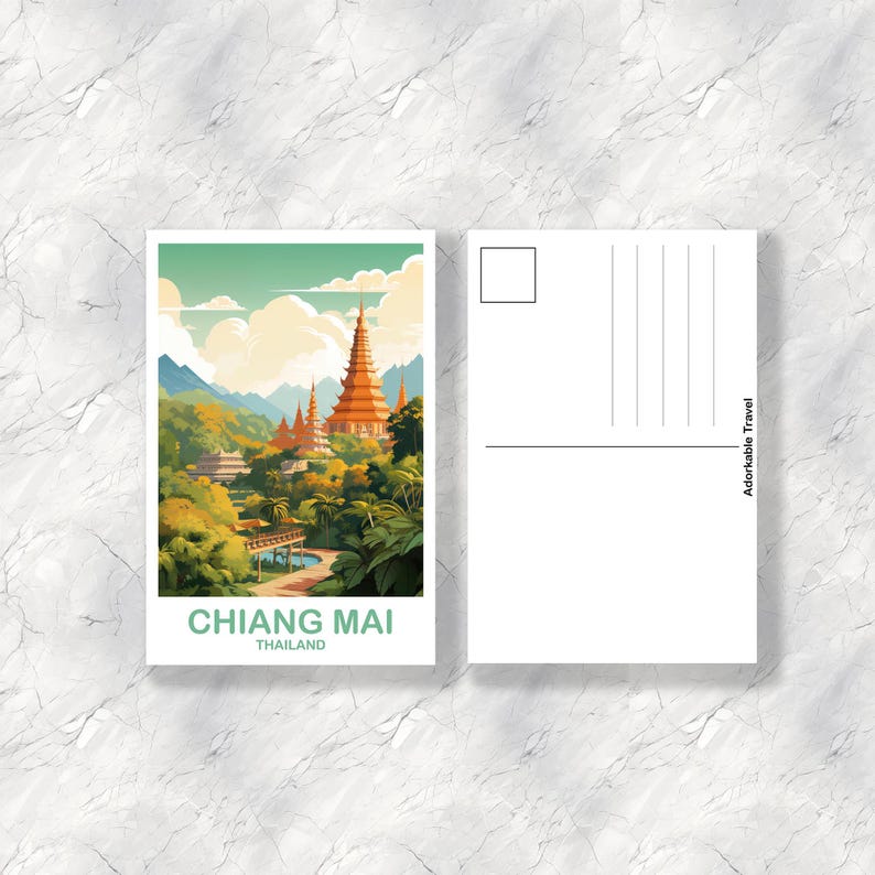 May include: A postcard featuring a watercolor illustration of Chiang Mai, Thailand. The image depicts a temple with a tall, orange spire surrounded by lush greenery and mountains. The text "CHIANG MAI THAILAND" is printed at the bottom.