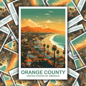 Orange County Reiseaufkleber, Kalifornien Reiseaufkleber, Los Angeles, Stadt Skyline Kunst, Kalifornien Aufkleber, Reiseaufkleber | T2NA_CAOC1_S