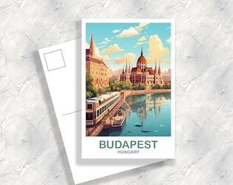 Art de carte postale de voyage à Budapest, carte postale de voyage en Hongrie, voiture postale de Budapest, carte postale de coucher de soleil sur les toits de la ville, carte postale de voyage | T2EU_HUBU1_P