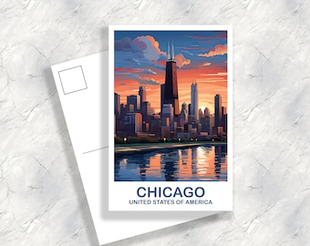 Chicago Travel Postcard Art, Illinois Travel Postcard, City Skyline Postcard, USA Travel Postcard, Travel Postcard | T2NA_ILCH2_P